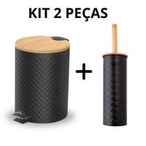 Conjunto de Banheiro 2 Peças Lixeira 5L Pedal e Tampa de Bambu + Escova Sanitária em Bambu