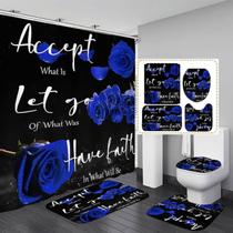 Conjunto de banheiro AYULO Blue Rose Shower Curtain com tapetes e acessórios.