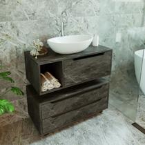 Conjunto de Banheiro com Balcão Gabinete 2 Gavetas e Balcão Gabinete Suspenso 1 Porta e Nicho MDP Marmore Lunar