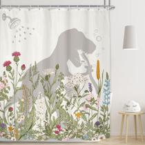Conjunto de banheiro com cortina de chuveiro infantil Lghtyro Dinosaur Wildflower, 60 L x 71 A polegadas, silhueta de dinossauro, floral, rústica, folhas de plantas, acessórios de banho botânicos para meninos, arte, decoração de casa, tecido, pacote com 12 ganchos
