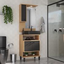 Conjunto de Banheiro com Gabinete Cuba e Espelheira LED Berlin 60cm Marrom/Carvalho Nature/Preto