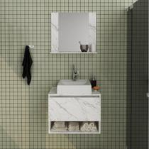 Conjunto de Banheiro com Gabinete Porta Basculante 60cm e Espelheira 1 Prateleira Mármore/Branco