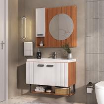 Conjunto de Banheiro Completo com Gabinete Suspenso 80cm Lavatório e Espelheira Bali Marrom/Madeirada