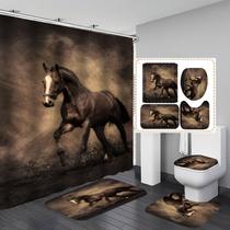 Conjunto de banheiro: cortina de chuveiro, tema de cavalo, com tapete e tampa de vaso sanitário Conjunto de banheiro: cortina de chuveiro, tema de cavalo, com tapete e tampa de vaso sanitário