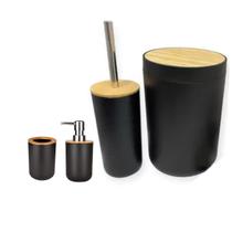 Conjunto de Banheiro em Bambu Kit Lixeira Porta Escova de Dente Dispenser Escova Sanitária