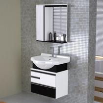 Conjunto de Banheiro Gabinete Suspenso 3 Gavetas com Espelheira Cuba de Louça com Válvula Branco/Textura Preta Conjunto de Banheiro Gabinete Suspenso 3 Gavetas com Espelheira Cuba de Louça com Válvula Branco/Textura Preta