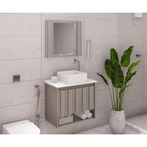 Conjunto de Banheiro Gabinete Suspenso Ripado 1 Gaveta Interna com Espelheira e Cuba Treviso