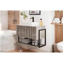 Conjunto de Banheiro Suspenso Frisê Havaí Ripado 1Pta Basculante c/Cuba e Tampo Vidro 60 cm cor Cimento - MGM Conjunto de Banheiro Suspenso Frisê Havaí Ripado 1Pta Basculante c/Cuba e Tampo Vidro 60 cm cor Cimento - MGM