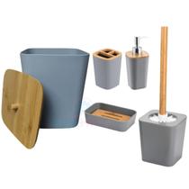 Conjunto de Banheiro Tampa Bambu Kit Lixeira Porta Sabonete e Escova de Dente Cinza