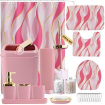 Conjunto de banheiro XLHOMO rosa e dourado com cortina de chuveiro e tapetes