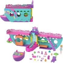 Conjunto de barco portátil Polly Pocket com acessórios para brincar na água e mudar de cor, Unicorn Dream Cruise, inclui 1 boneca e 23 peças no total