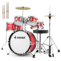 Conjunto de bateria Donner Kids de 5 peças para iniciantes, vermelho de 14 polegadas com acessórios