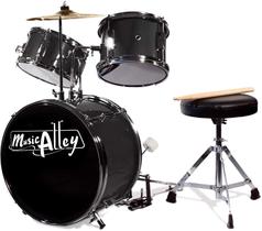 Conjunto de bateria Music Alley Kids de 3 peças com pedal Throne Cymbal Black