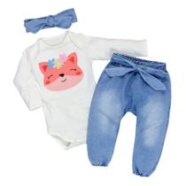Conjunto de bebê body e calça raposa creme
