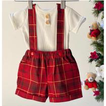 Conjunto De Bebe Natal Com Bermuda Social Vermelho Xadrez