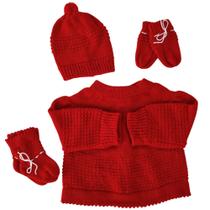 Conjunto de bebê recém nascido kit com 3 peças (casaco, luva, gorro e sapatinho de lã) cordão