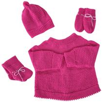 Conjunto de bebê recém nascido kit com 3 peças (casaco, luva, gorro e sapatinho de lã) cordão