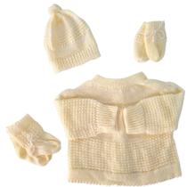 Conjunto de bebê recém nascido kit com 3 peças (casaco, luva, gorro e sapatinho de lã) cordão