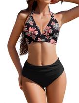 Conjunto de biquíni AI'MAGE feminino de cintura alta para controle de barriga preto XXL Conjunto de biquíni AI'MAGE feminino de cintura alta para controle de barriga preto XXL