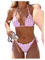 Conjunto de biquíni BEAUDRM rosa com poás, triângulo, tamanho médio Conjunto de biquíni BEAUDRM rosa com poás, triângulo, tamanho médio
