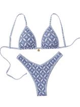 Conjunto de biquíni BEAUDRM, tanga triangular feminina Y2k, azul floral, tamanho L Conjunto de biquíni BEAUDRM, tanga triangular feminina Y2k, azul floral, tamanho L