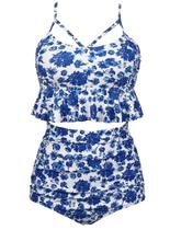 Conjunto de biquíni COCOSHIP Retro Falbala de cintura alta azul porcelana