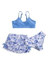 Conjunto de biquíni COZYEASE com estampa floral para meninas 12Y azul/branco