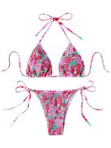 Conjunto de biquíni COZYEASE com estampa floral triangular Halter rosa brilhante
