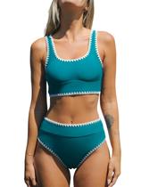 Conjunto de biquíni CUPSHE feminino com gola redonda, cintura alta, azul azul-petróleo Conjunto de biquíni CUPSHE feminino com gola redonda, cintura alta, azul azul-petróleo
