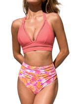 Conjunto de biquíni CUPSHE, maiô feminino de cintura alta, decote em V, rosa Conjunto de biquíni CUPSHE, maiô feminino de cintura alta, decote em V, rosa