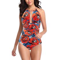Conjunto de biquíni estampado feminino Swimsuits siameses Swimwear Beach Suit