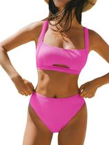 Conjunto de biquíni feminino CUPSHE, gola quadrada, cintura alta, XS, rosa choque Conjunto de biquíni feminino CUPSHE, gola quadrada, cintura alta, XS, rosa choque