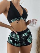 Conjunto De Biquíni Feminino De Cintura Alta Com Estampa De Folhas, Três Peças, Roupa De Praia Sexy