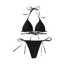Conjunto de biquíni feminino de três pontos de cor sólida com alça