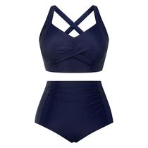 Conjunto de biquíni feminino Hanna Nikole, tamanho grande, retrô, praia, azul marinho