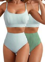 Conjunto de biquíni feminino Herseas com alça espaguete, listras verdes esportivas Conjunto de biquíni feminino Herseas com alça espaguete, listras verdes esportivas