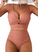 Conjunto de biquíni feminino Herseas Knot Twist, decote em V, cintura alta, rosa Conjunto de biquíni feminino Herseas Knot Twist, decote em V, cintura alta, rosa