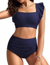 Conjunto de biquíni feminino Kate Kasin com babado de cintura alta azul marinho