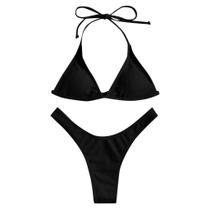 Conjunto de biquíni feminino sexy sólido push up de corte alto halter maiô de duas peças