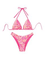 Conjunto de biquíni feminino WDIRARA com listras florais, corte alto
