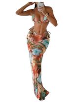Conjunto de biquíni feminino WDIRARA com saia floral e capa XXL Conjunto de biquíni feminino WDIRARA com saia floral e capa XXL