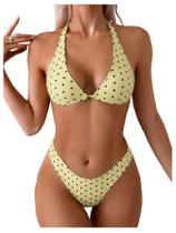 Conjunto de biquíni feminino WDIRARA, de bolinhas, frente única, amarelo, preto
