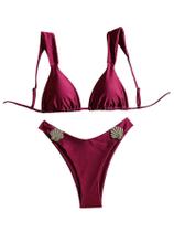 Conjunto de biquíni feminino WDIRARA, de metal, concha, corte alto, bordô