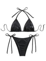 Conjunto de biquíni feminino WDIRARA, triângulo metálico, preto sólido