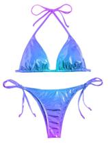 Conjunto de biquíni feminino WDIRARA, triângulo metálico, roxo, azul