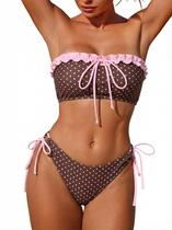 Conjunto de biquíni feminino ZAFUL Bandeau Cheeky Ruffle, corte alto S, marrom