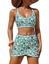 Conjunto de biquíni feminino ZAFUL Color Block Wrap Skort Swimsuit Green