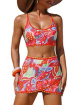 Conjunto de biquíni feminino ZAFUL Color Block Wrap Skort Swimsuit Red Conjunto de biquíni feminino ZAFUL Color Block Wrap Skort Swimsuit Red