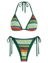 Conjunto de biquíni feminino ZAFUL Colorblock Stripes, triangulares, amarrado a frente única, tanga atrevida, corte alto, duas peças (1 verde profundo, S)