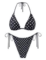 Conjunto de biquíni feminino ZAFUL, tanga triangular, de perna alta, preta, de bolinhas Conjunto de biquíni feminino ZAFUL, tanga triangular, de perna alta, preta, de bolinhas
